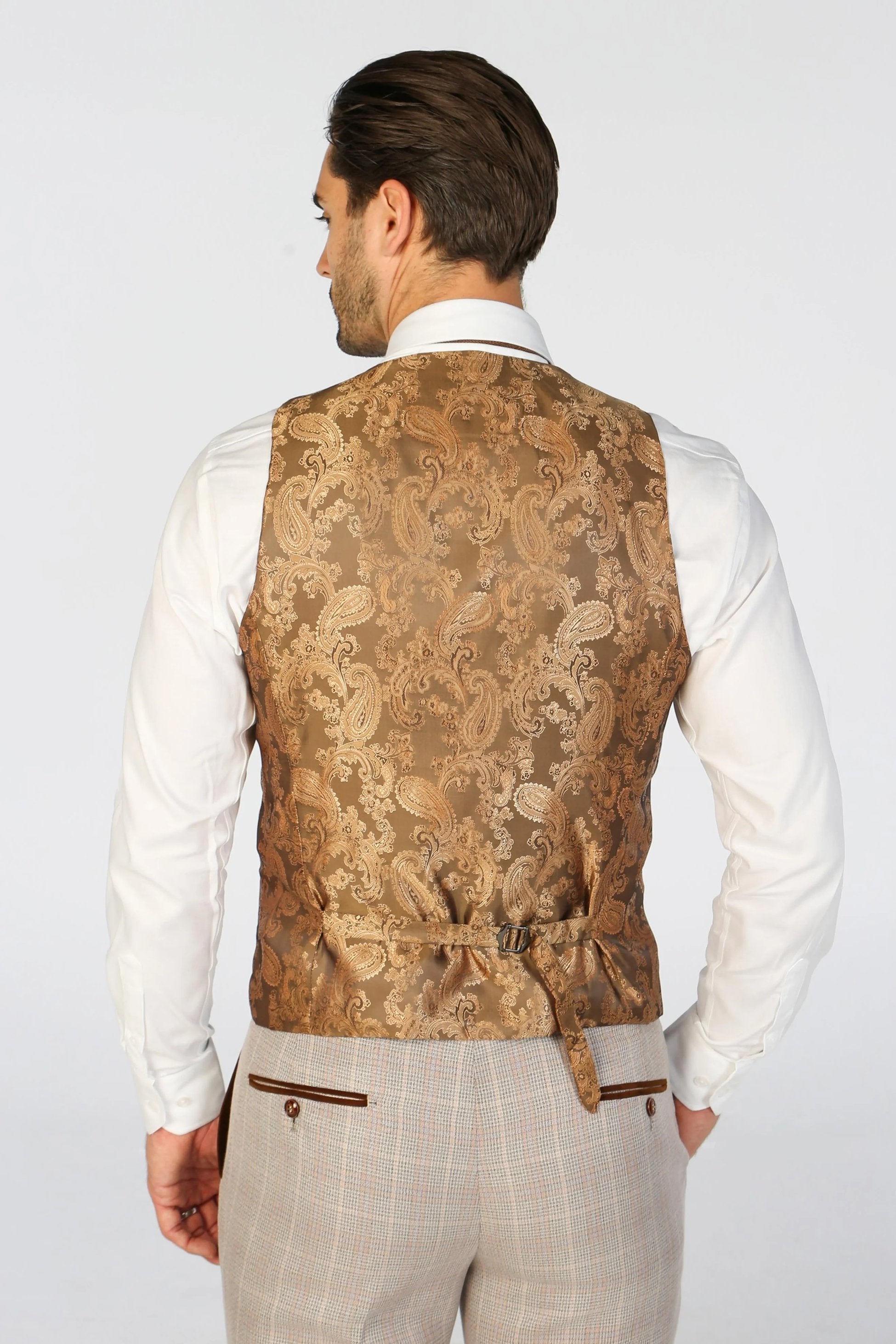 Mens Beige Tailored Fit Check Waistcoat LEO