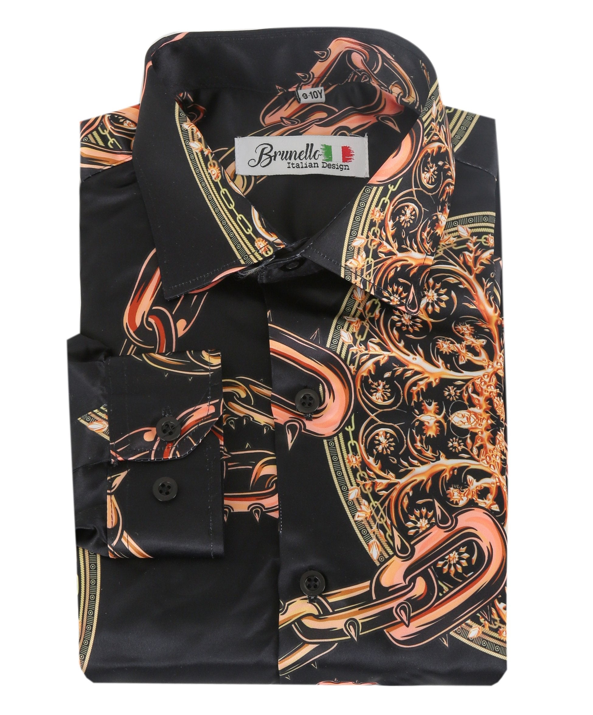 Men’s slim fit satin print shirt black orange long sleeve