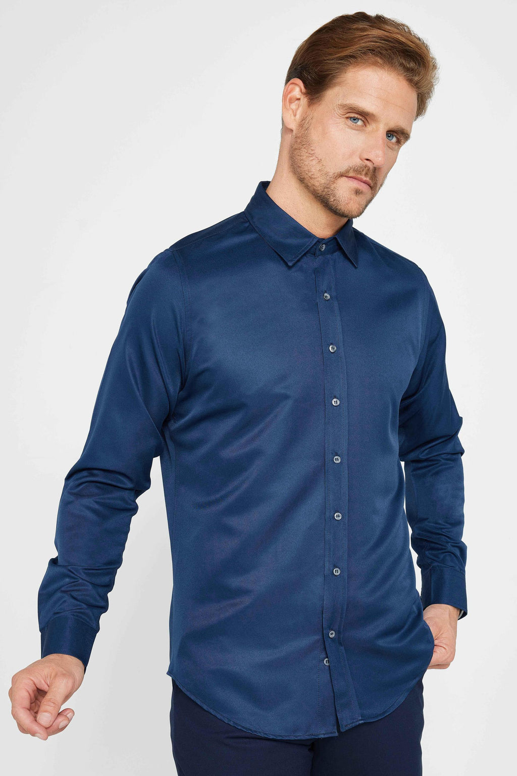 Mens Poly Navy Blue Slim Fit Long Sleeve Dress Shirt