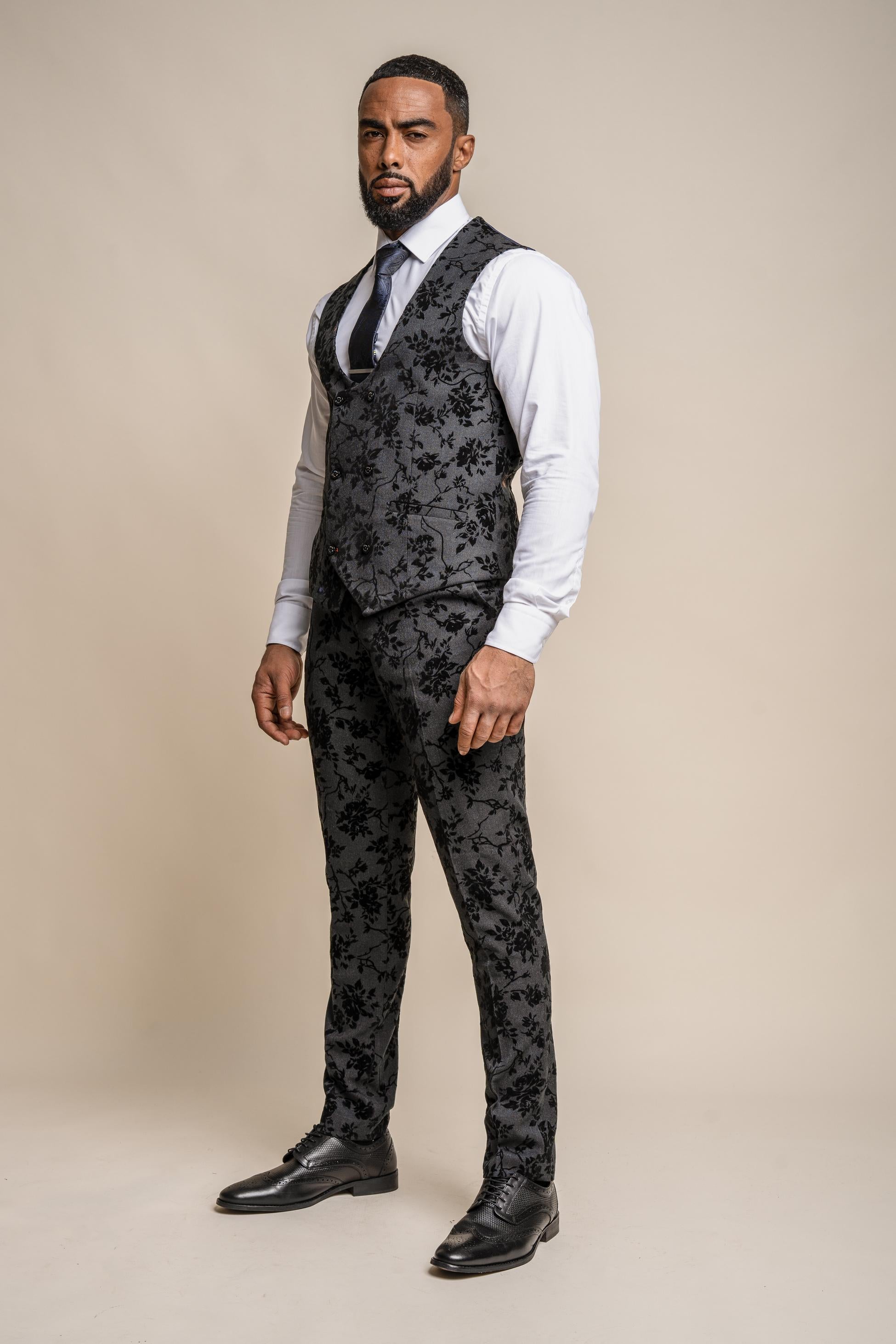 Mens Black Velvet Floral Embroidered Waistcoat GEORGI