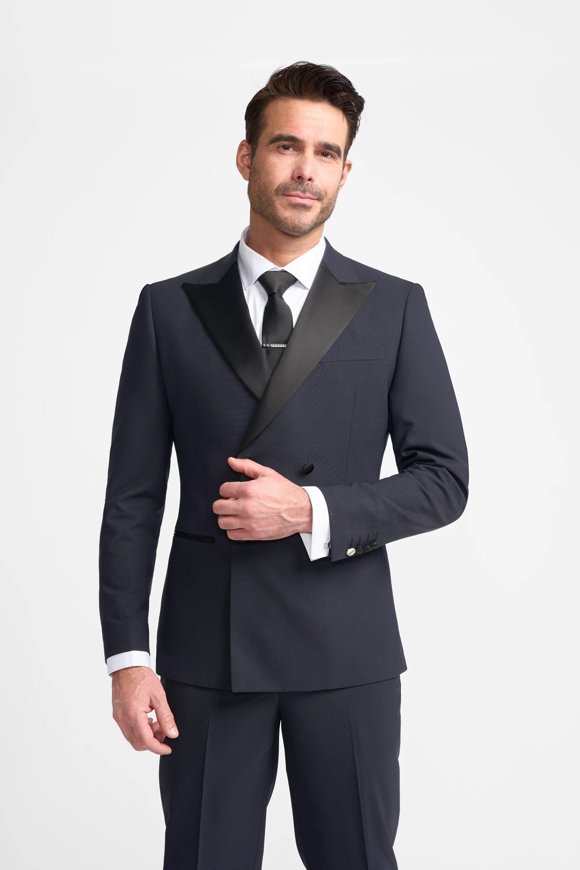 ASPEN D/B Navy Blue Men's Satin Lapel Double-Breasted Suit