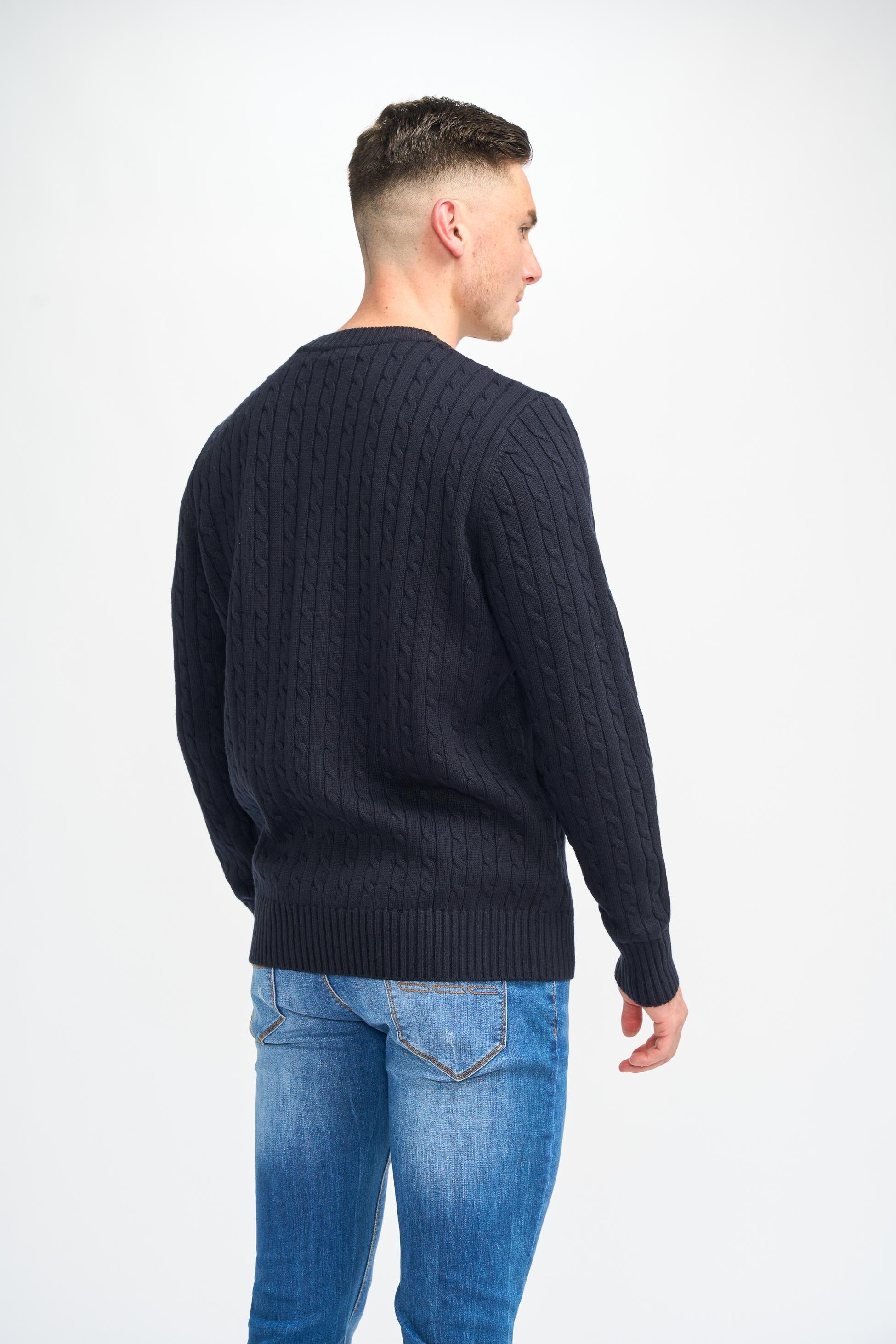 Mens Navy Wool Cable Knit Pullover Jumper FOSTON