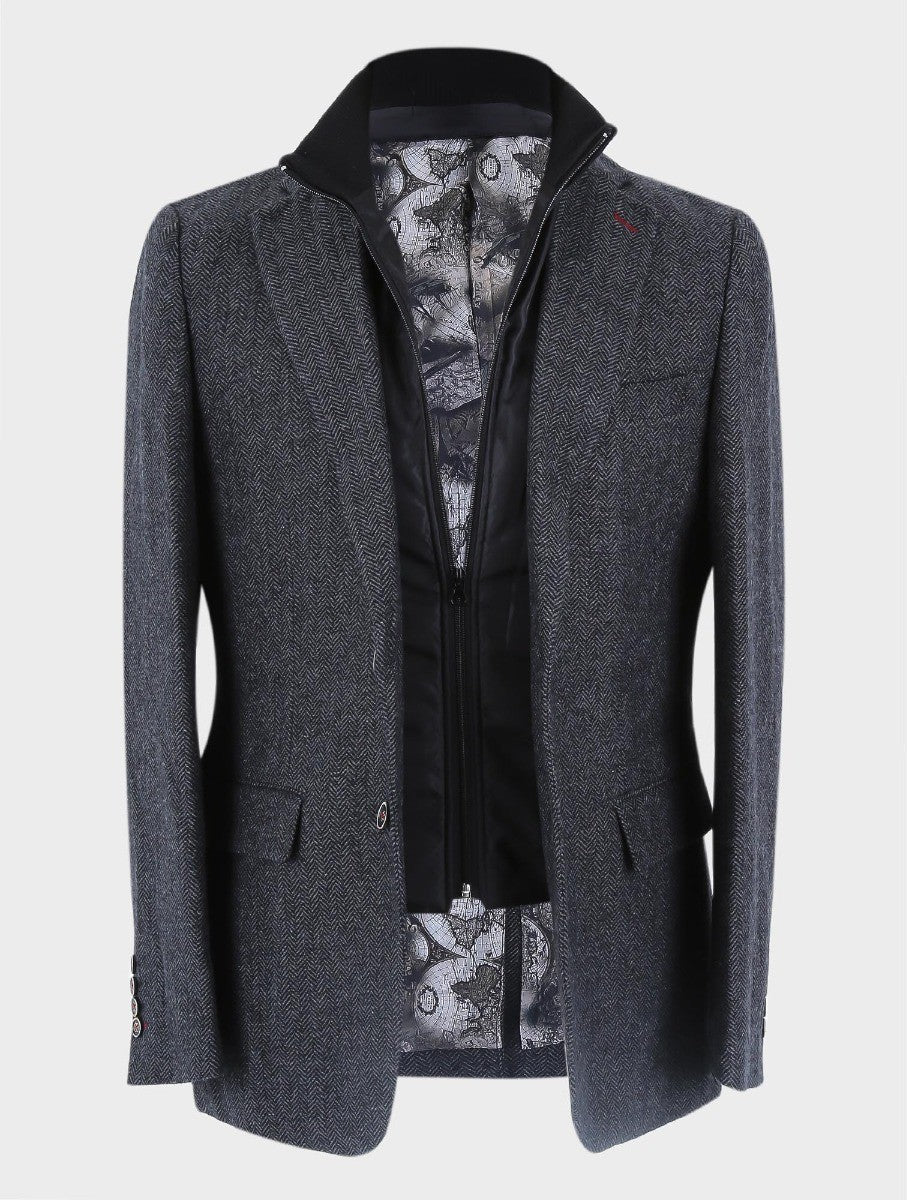 Wool herringbone mid coat blazer with removable zipper on man