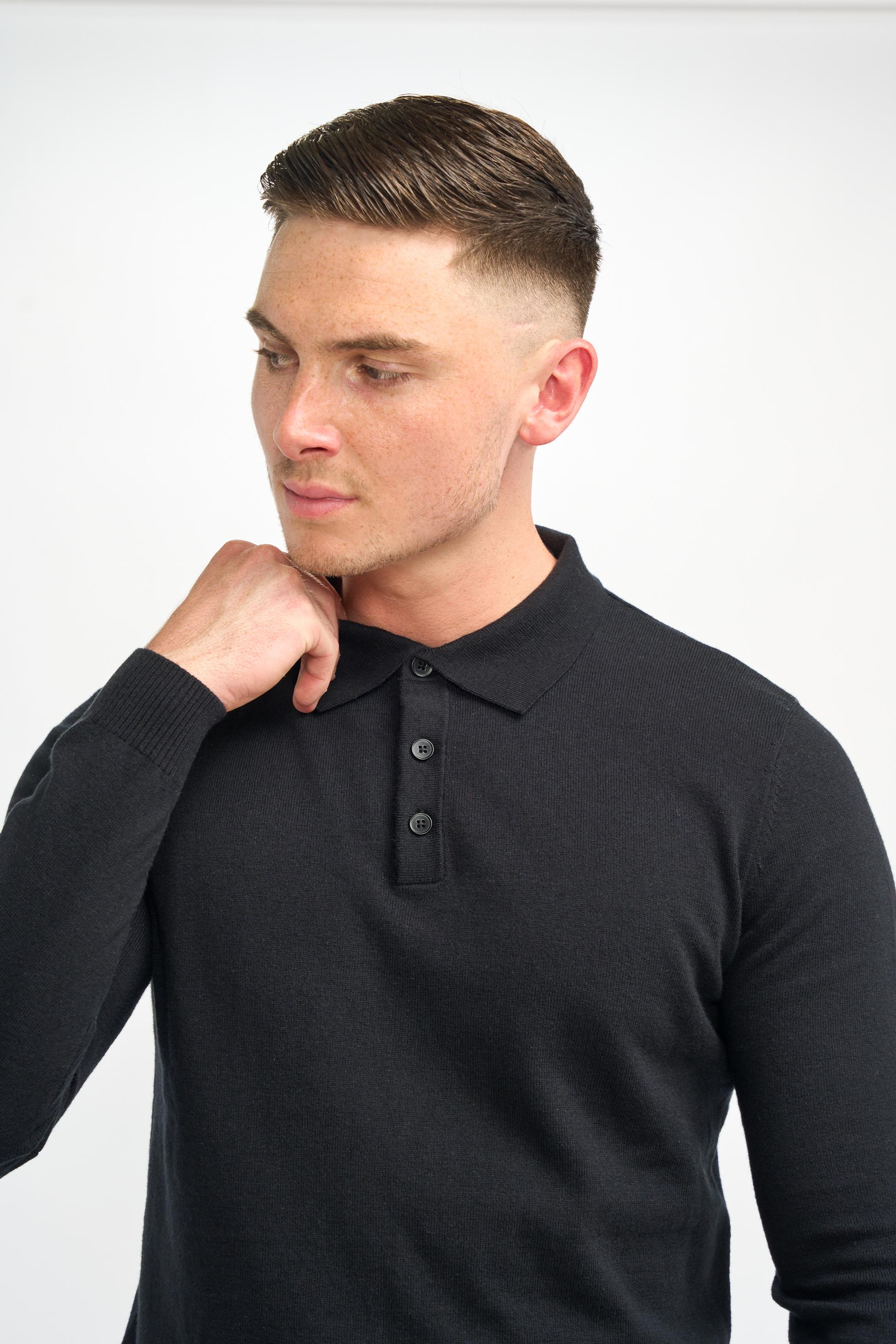 Mens Black Wool Knit Long Sleeve Polo Shirt BOOM