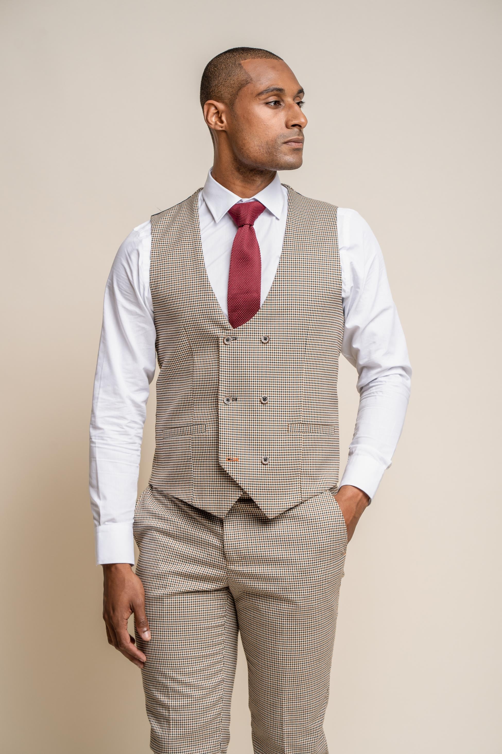 Mens tan brown houndstooth check skinny fit waistcoat Elwood