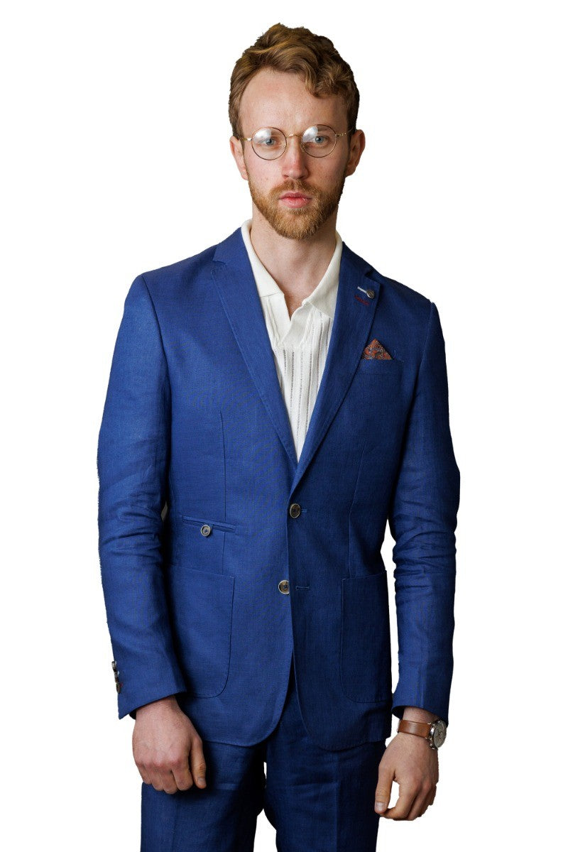 Man wearing a blue suit and white shirt on a white background