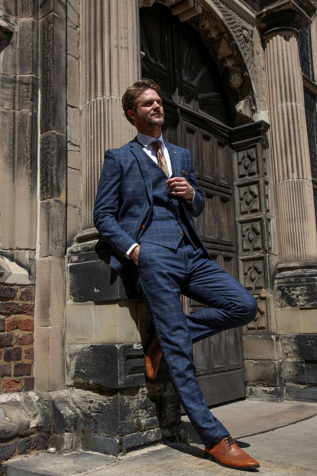 Mens Cornflower Blue Tailored Fit Windowpane Check Suit HAMLEYS