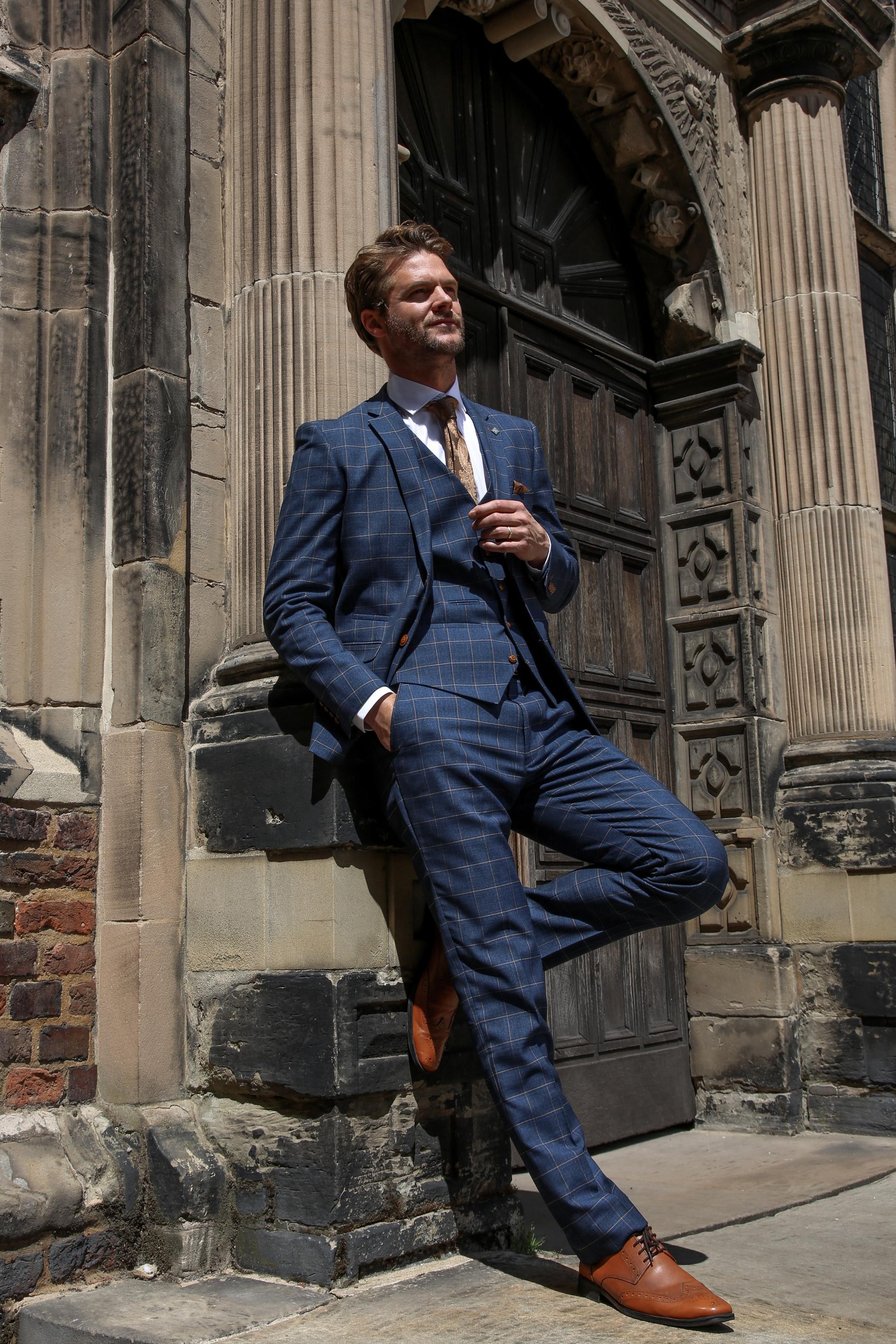 Mens Cornflower Blue Tailored Fit Windowpane Check Suit HAMLEYS