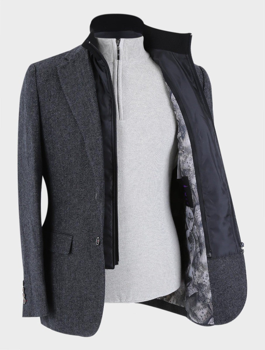 Men’s Black Wool Herringbone Tweed Coat with Removable Zipper ALEXANDER