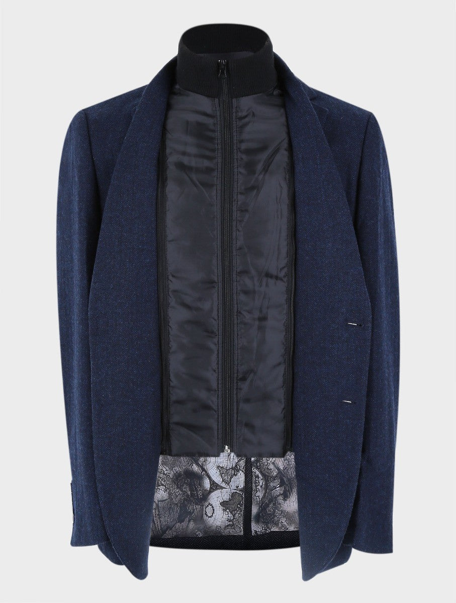 Mens Navy Herringbone Coat with Removable Zipper