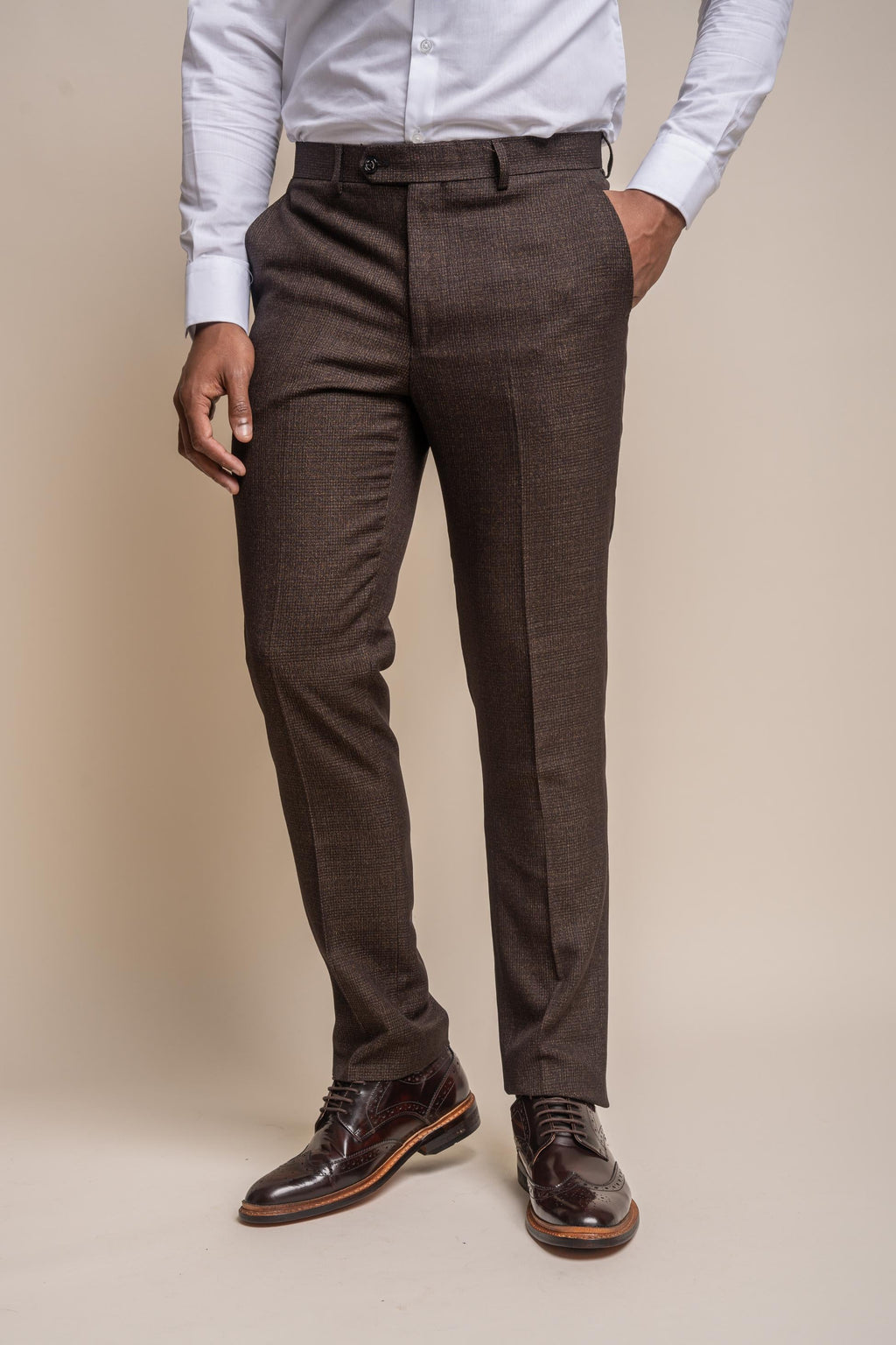 Men's Tweed Glen Check Slim Fit Trousers - CARIDI - Brown