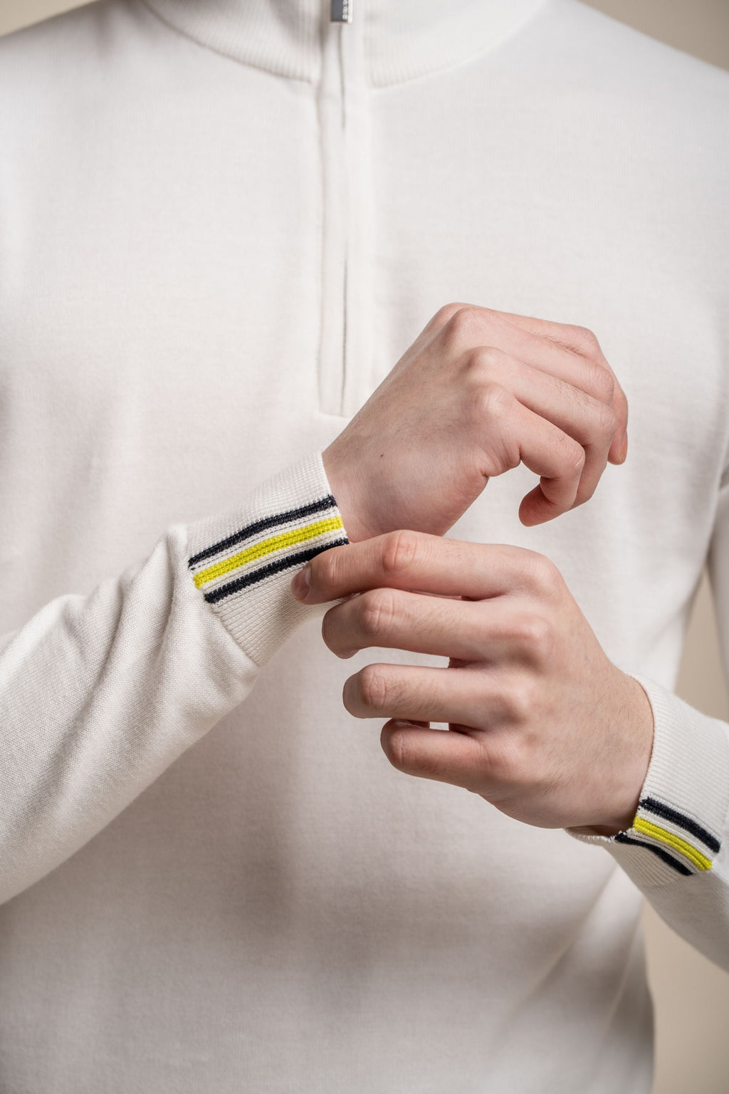 Mens Ecru Casual Cotton Half Zip Jumper AVANTI