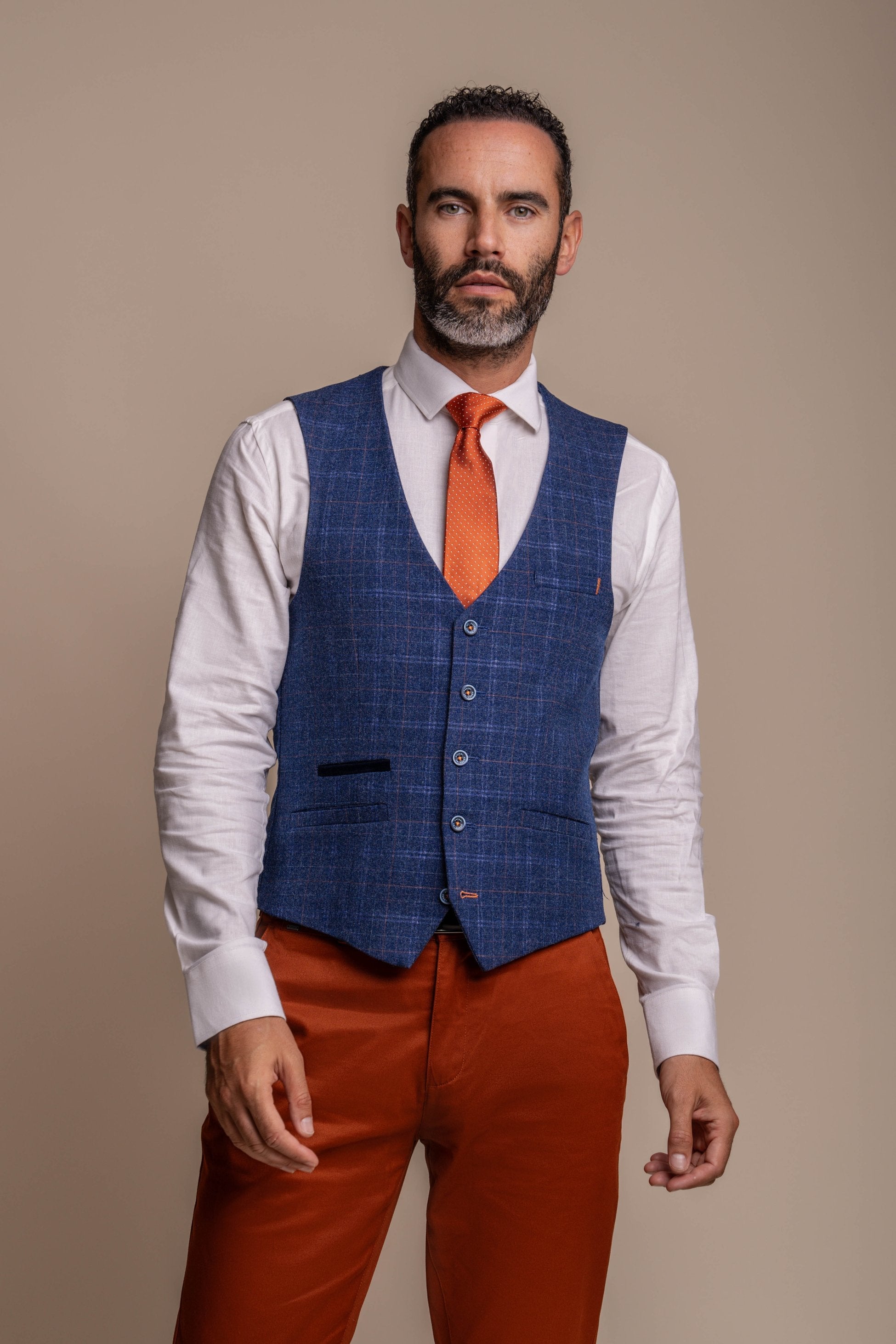 Men's Navy Blue Tweed Check Blazer with Rust Brown Chino Combination