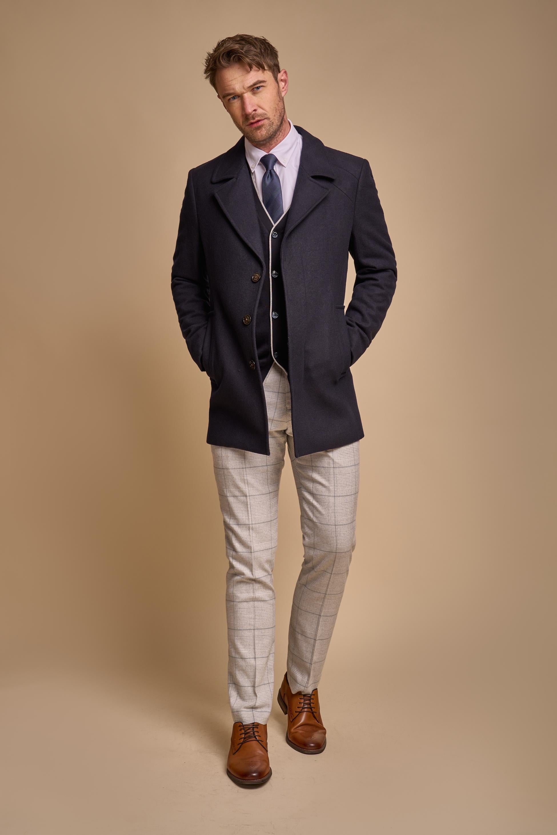 Men's navy blue slim-fit wool-blend coat, MARCUS.