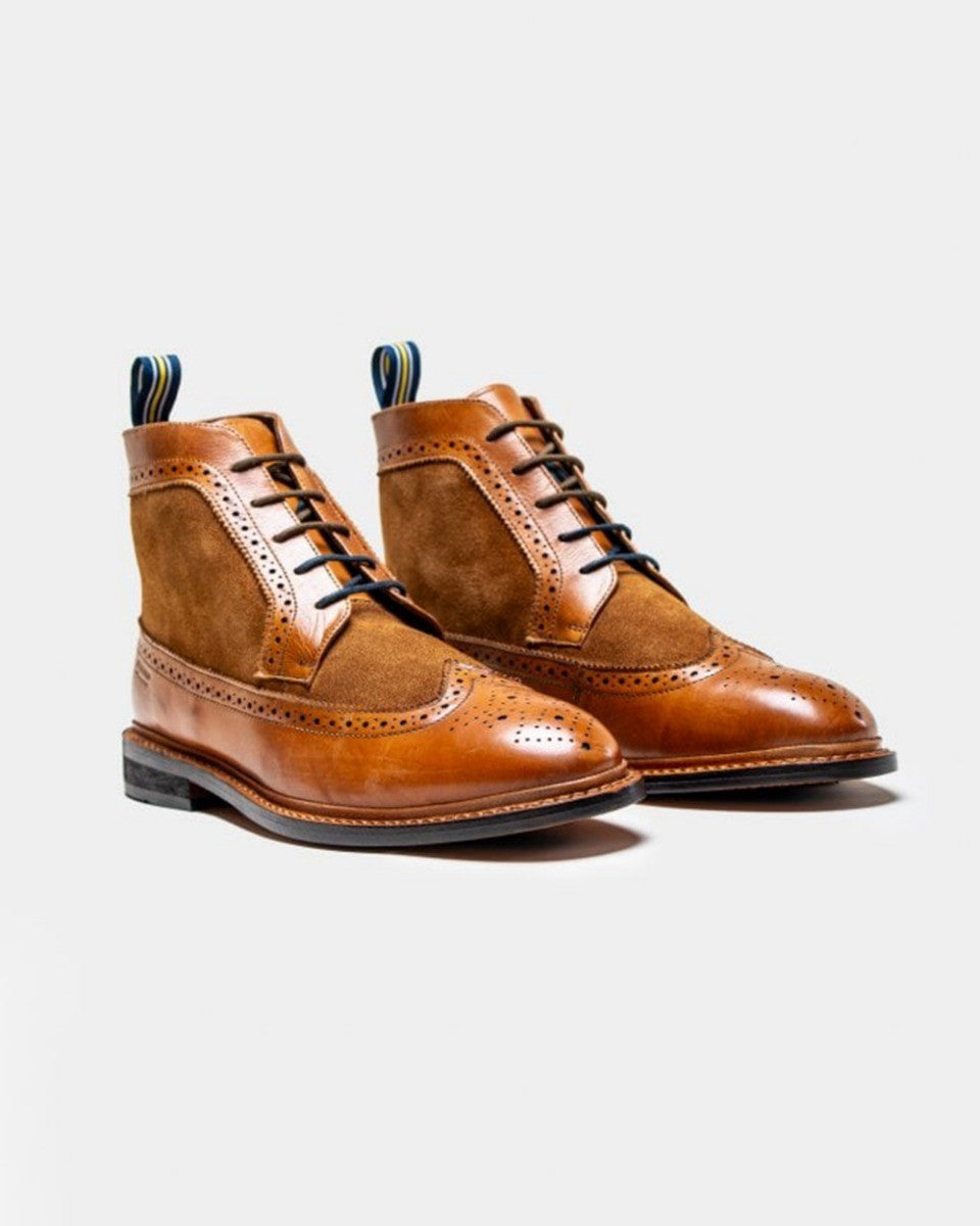 Men's tan brown genuine leather and suede brogue boots, BOSWORTH.