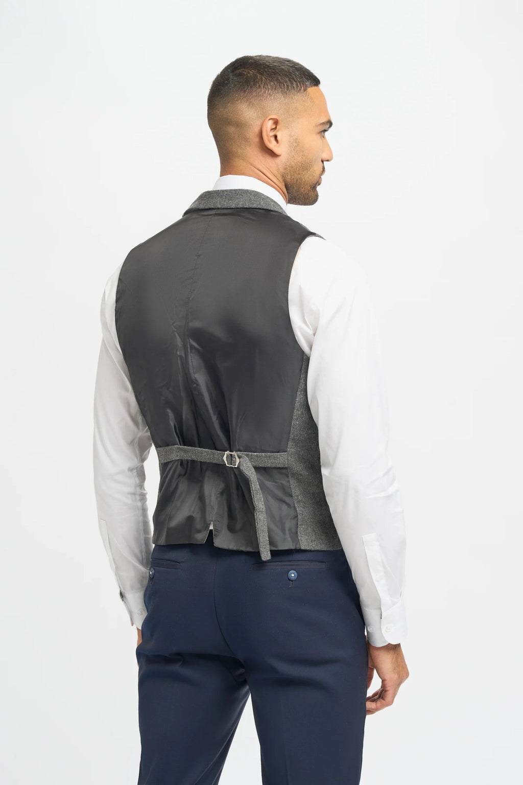 Grey Herringbone Tweed Men's Jacket and Waistcoat with Slim Fit Navy Blue Trousers