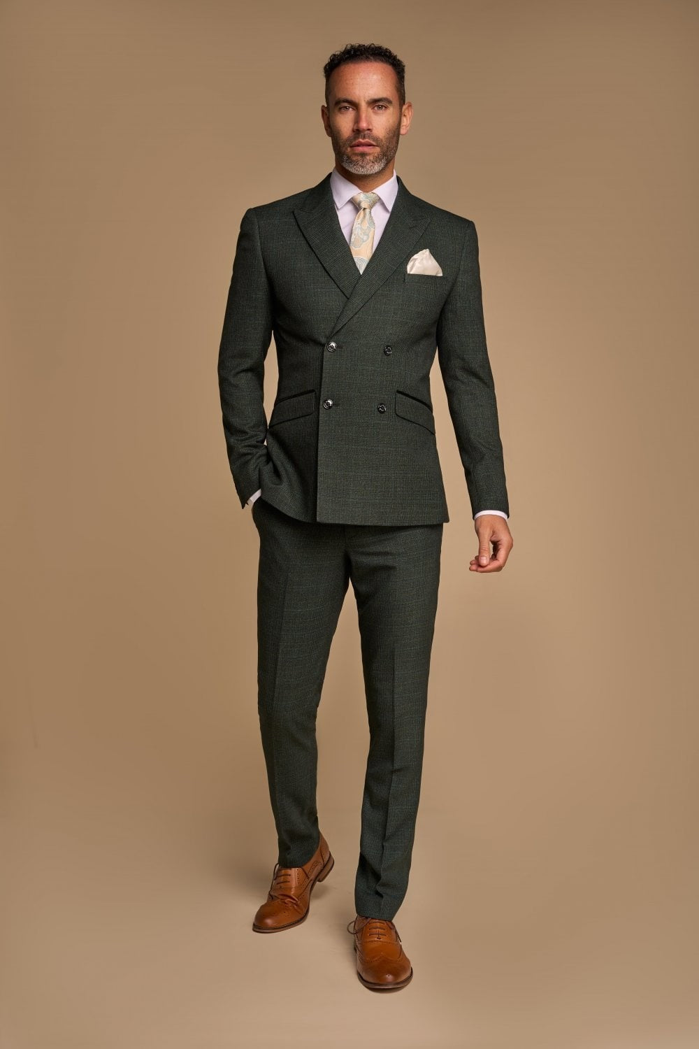 Men's Glen Check Double-breasted Suit Jacket - CARIDI - Olive Green