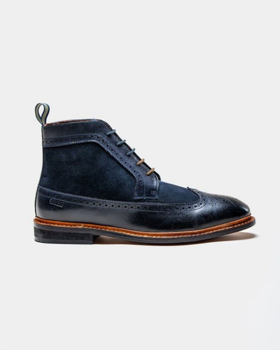 Mens Navy Blue Genuine Leather and Suede Brogue Boots BOSWORTH