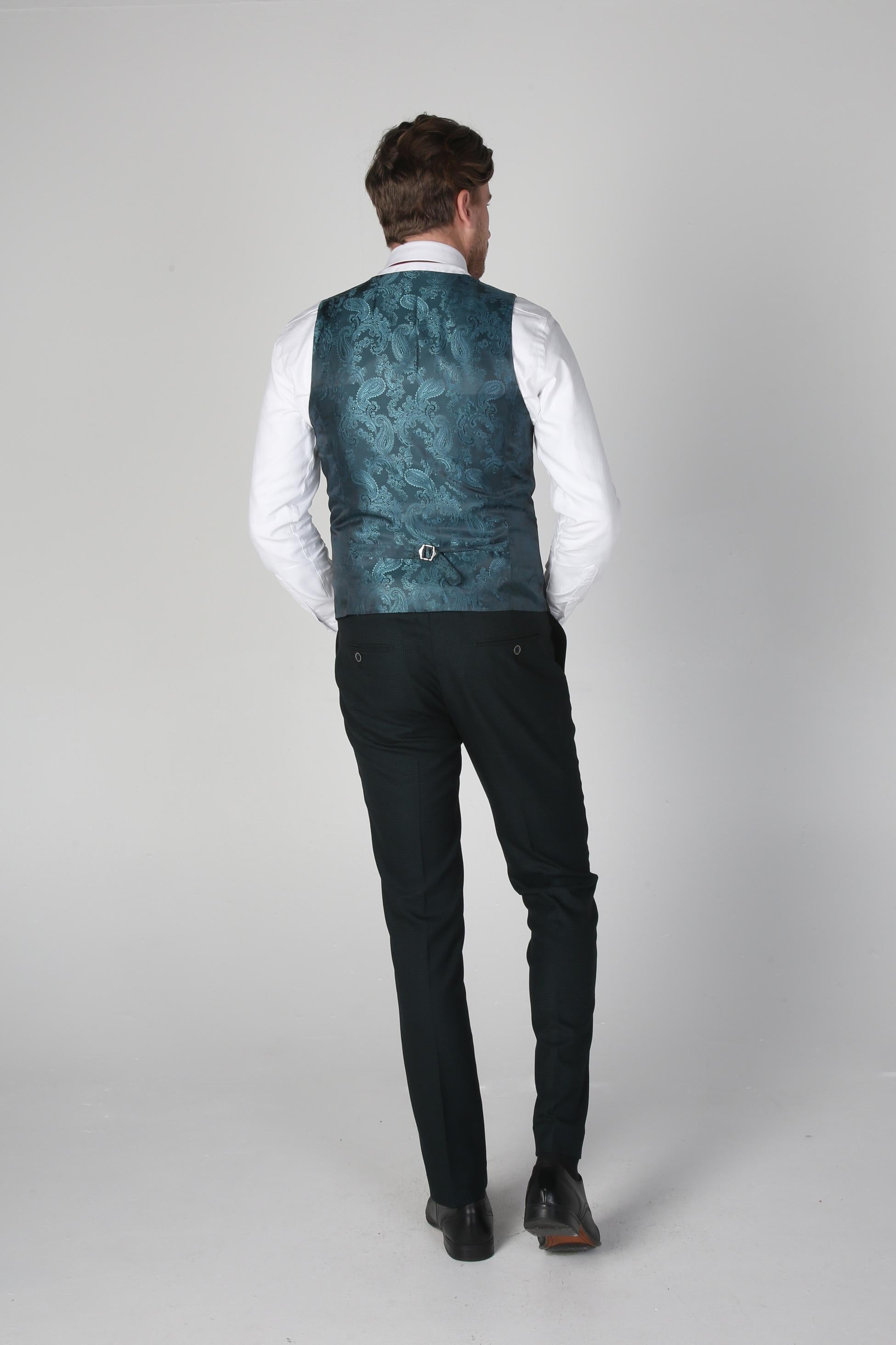 Mens Dark Green Houndstooth Tweed Check Waistcoat JASPER
