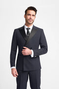 Mens navy satin lapel double breasted suit jacket ASPEN premium tuxedo