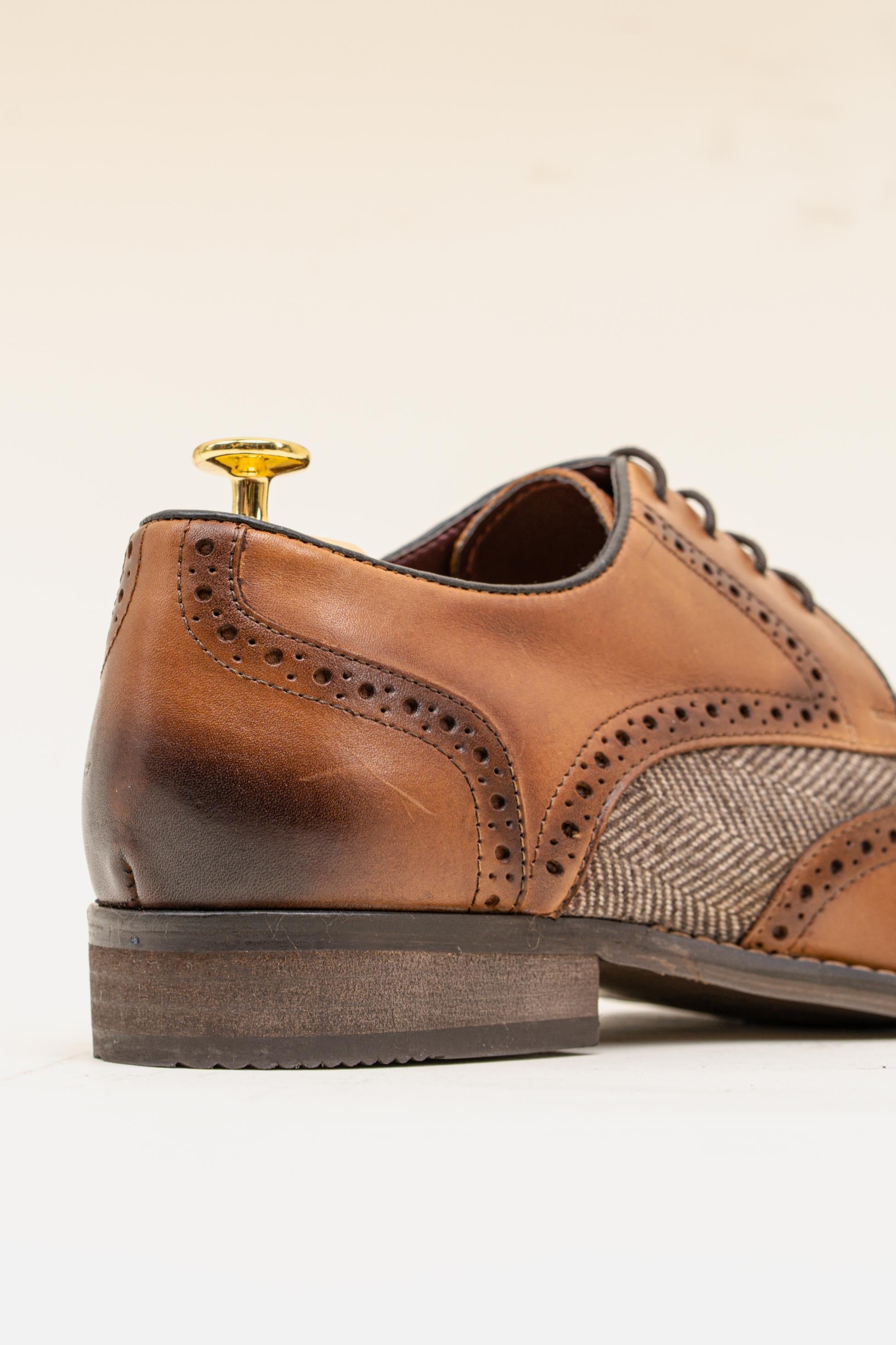 Mens Tan Brown Genuine Leather and Tweed Brogue Shoes FARO