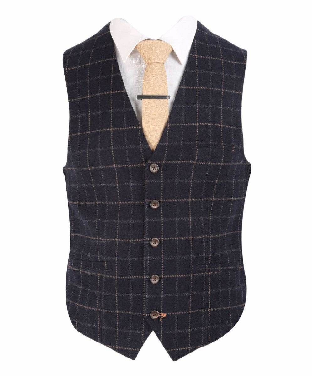 Mens navy tweed check slim fit waistcoat Shelby