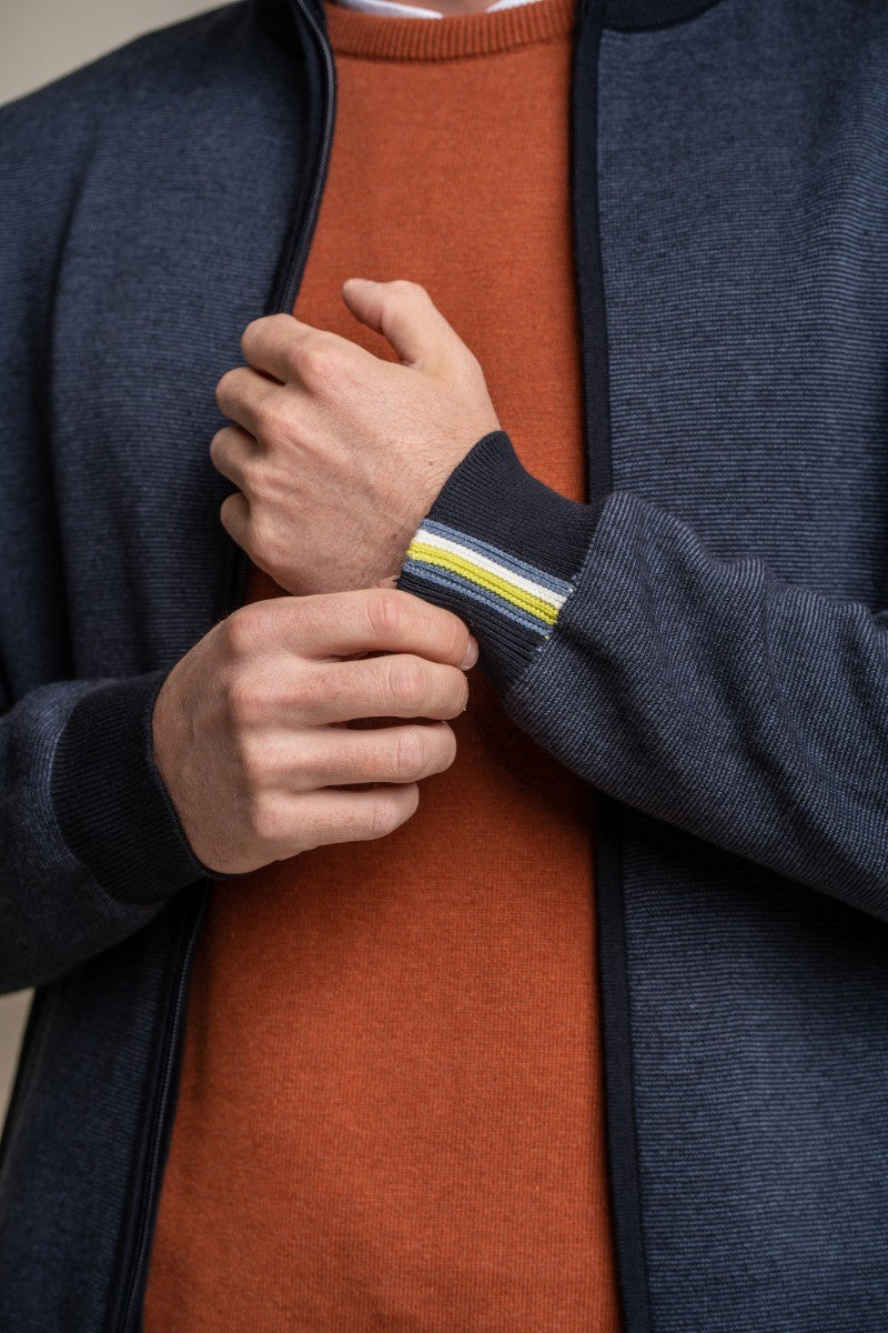 Mens Navy Blue Knitted Cotton Slim Fit Cardigan Jacket ARTEGA