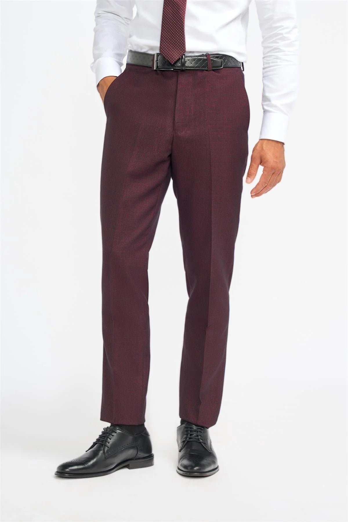 Men's Tweed Glen Check Slim Fit Trousers - CARIDI - Wine