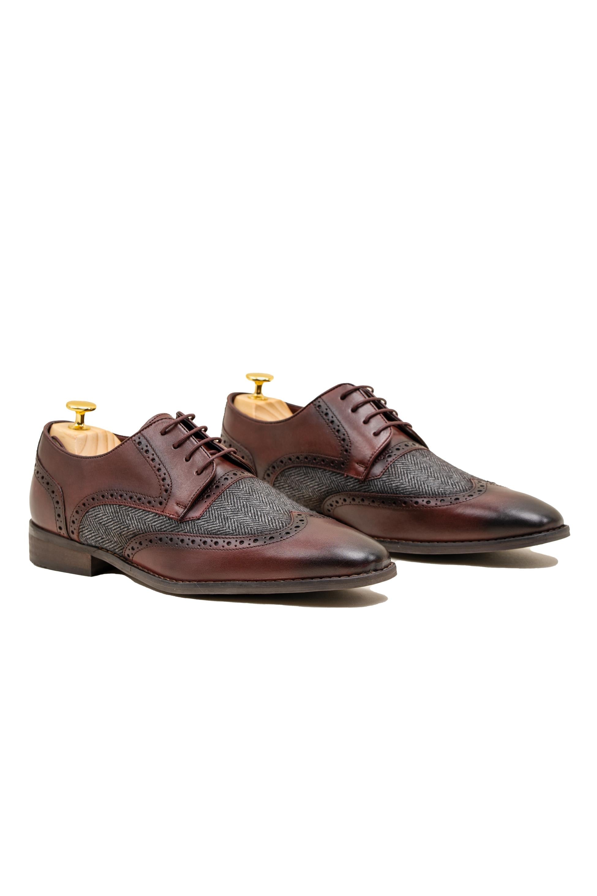 Men's burgundy genuine leather and tweed brogue shoes, FARO.