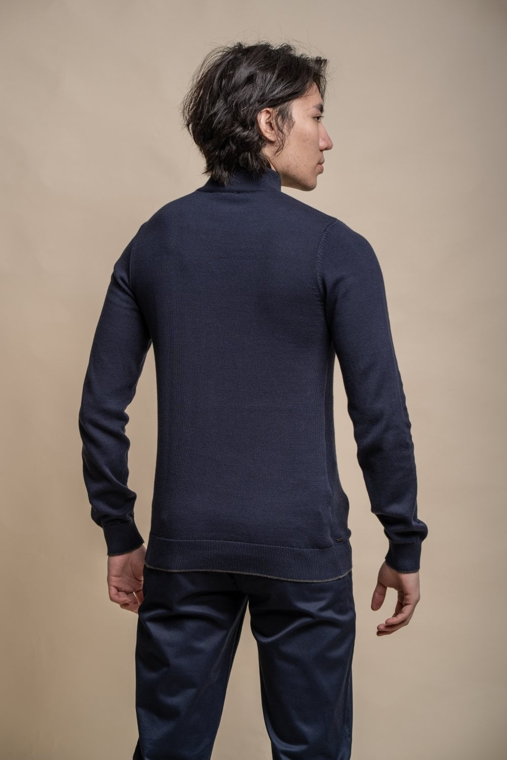 Mens Navy Blue Half Zip Knit Cotton Pullover KYLE