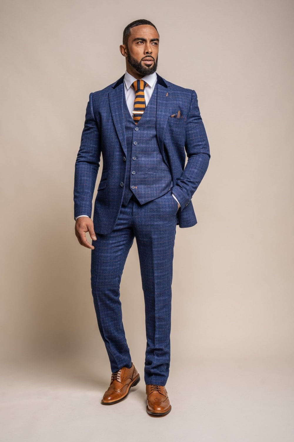 Mens Navy Blue Tweed Check Slim Fit Suit KAISER