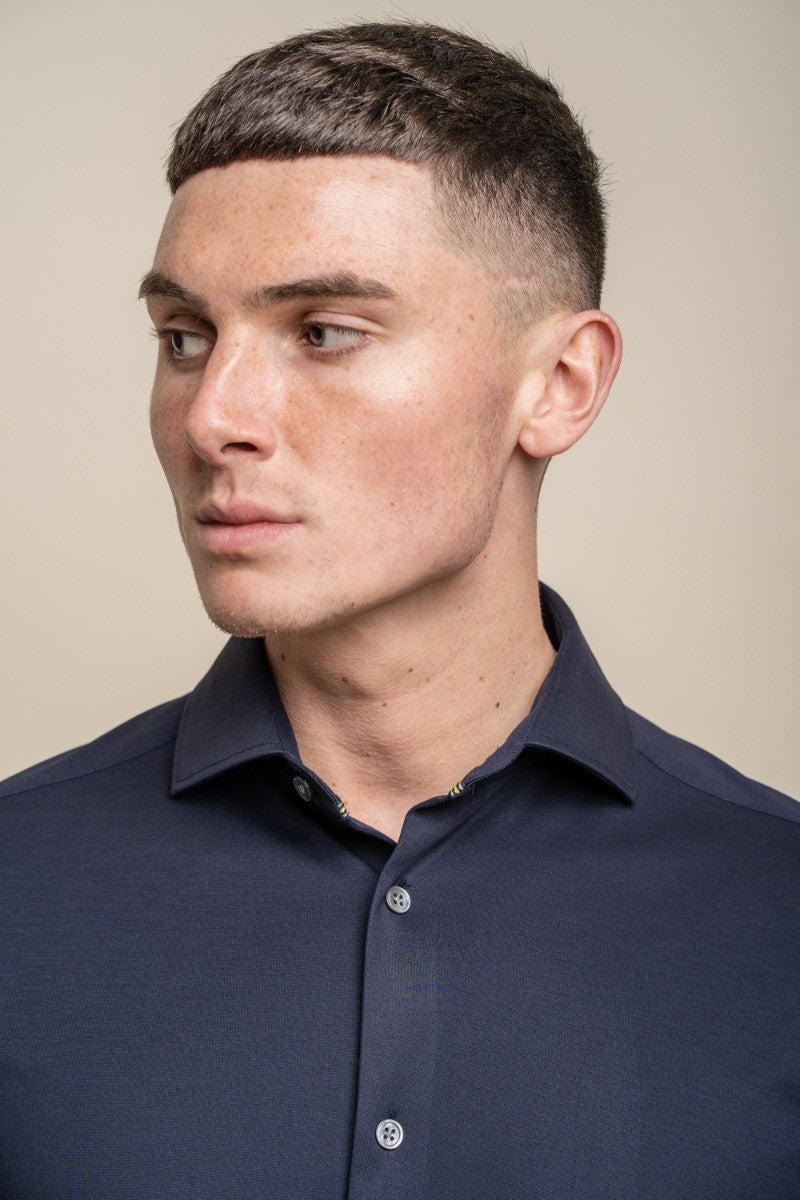 Mens Ashley Navy Blue Slim Fit Cotton Long Sleeve Shirt