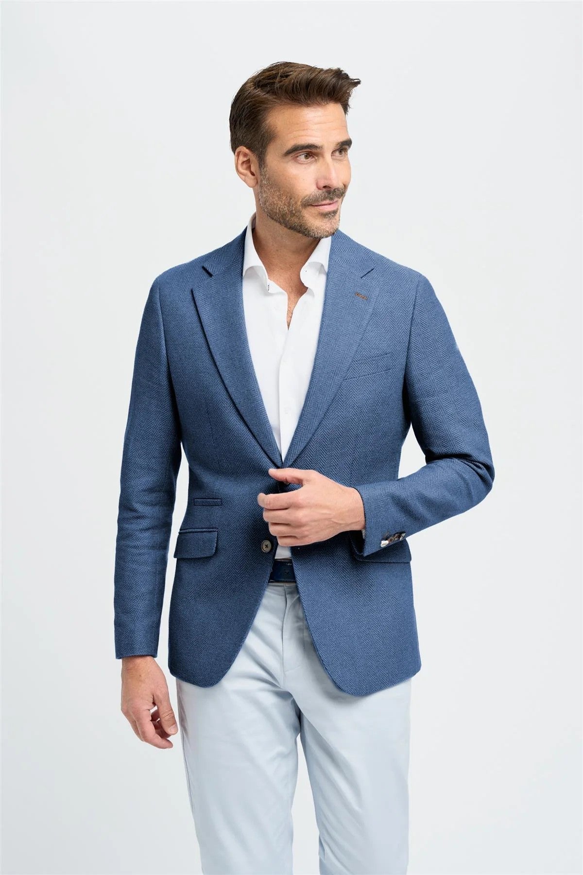 Mens blue cotton herringbone blazer FELIX smart casual jacket