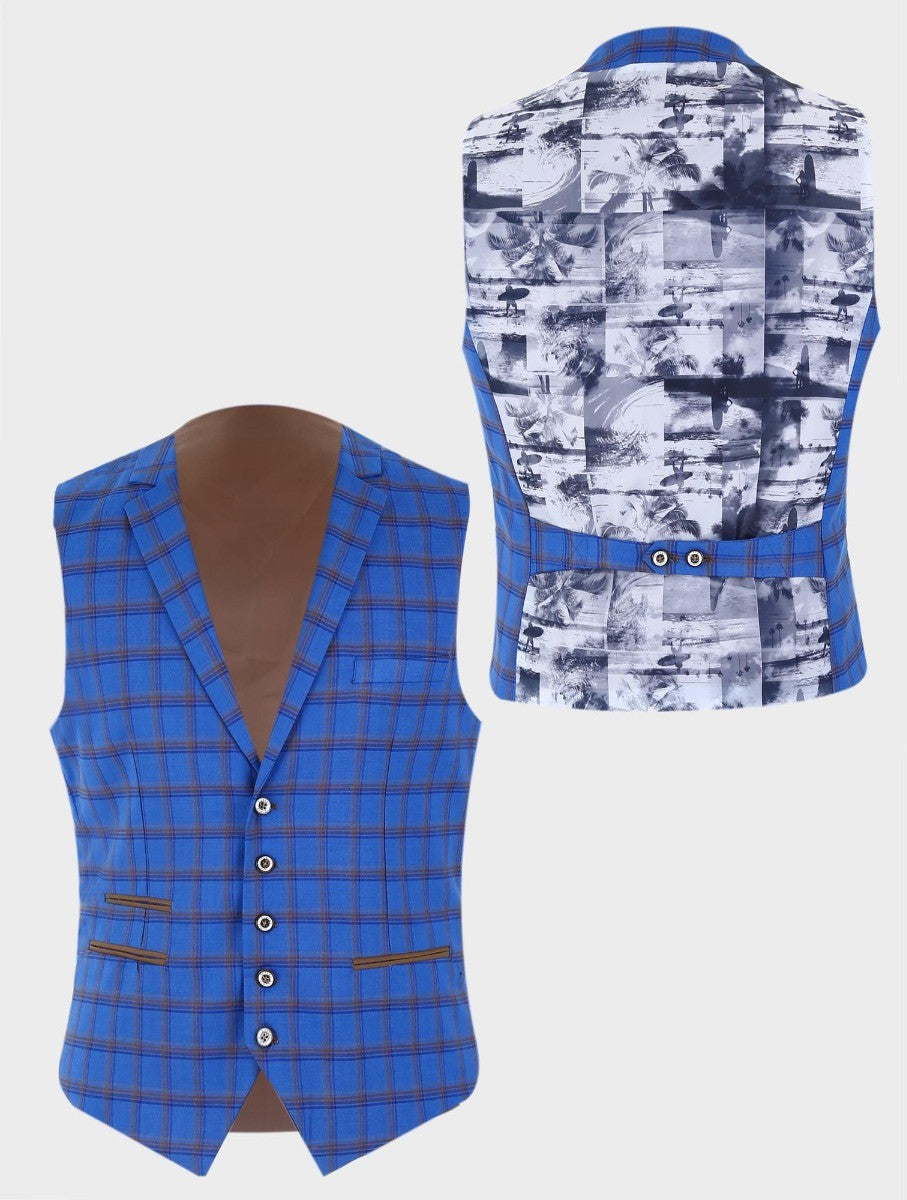 Mens Royal Blue Slim Fit Retro Check Blazer and Waistcoat GRAVANO