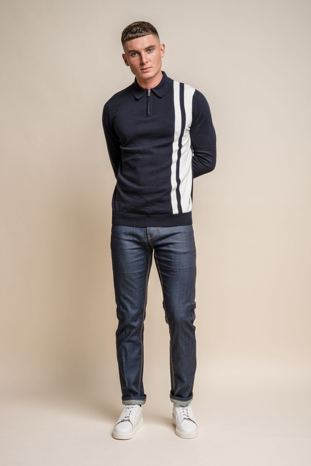 Mens Navy Blue Cotton Polo Side Stripe Jumper DIABLO