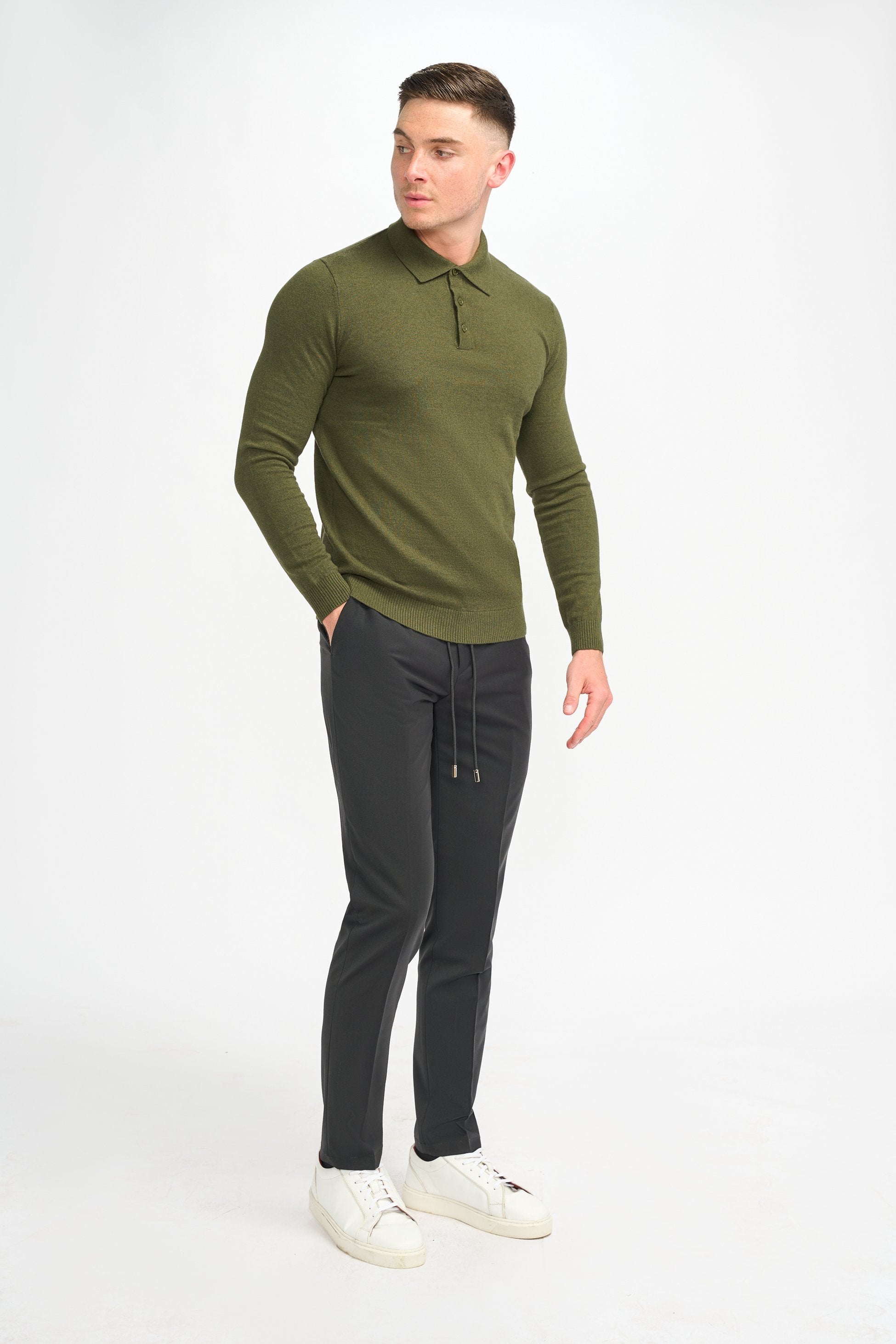 Mens Olive Green Wool Knit Long Sleeve Polo Shirt BOOM