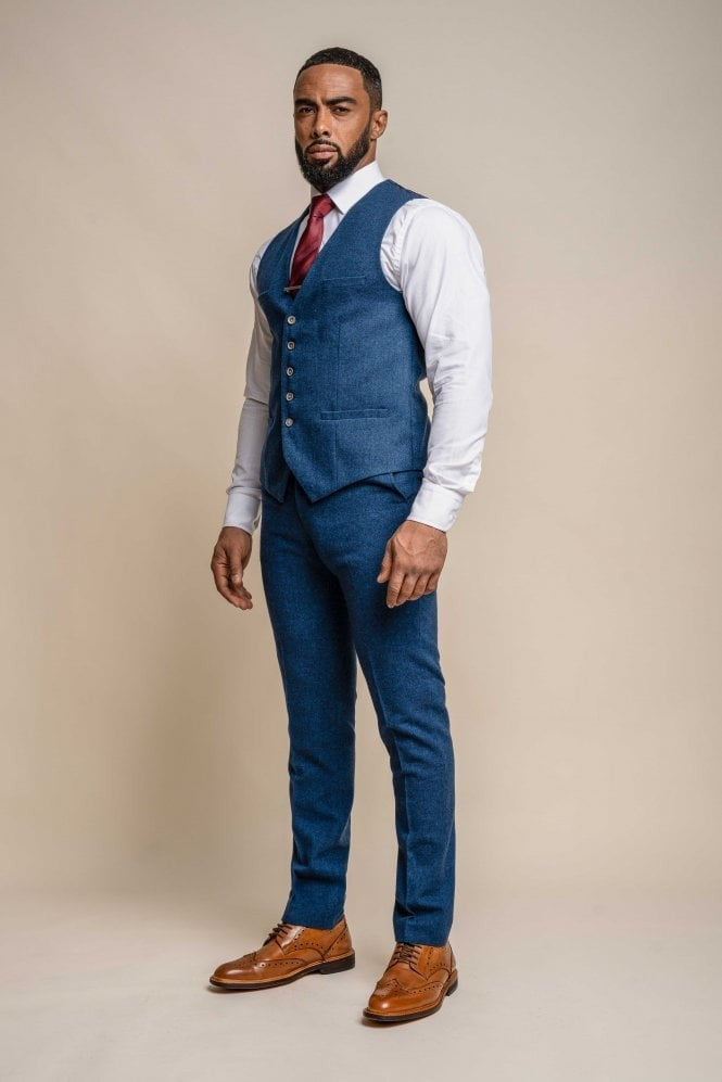Mens Blue Tweed Wool Slim Fit Formal Waistcoat ORSON
