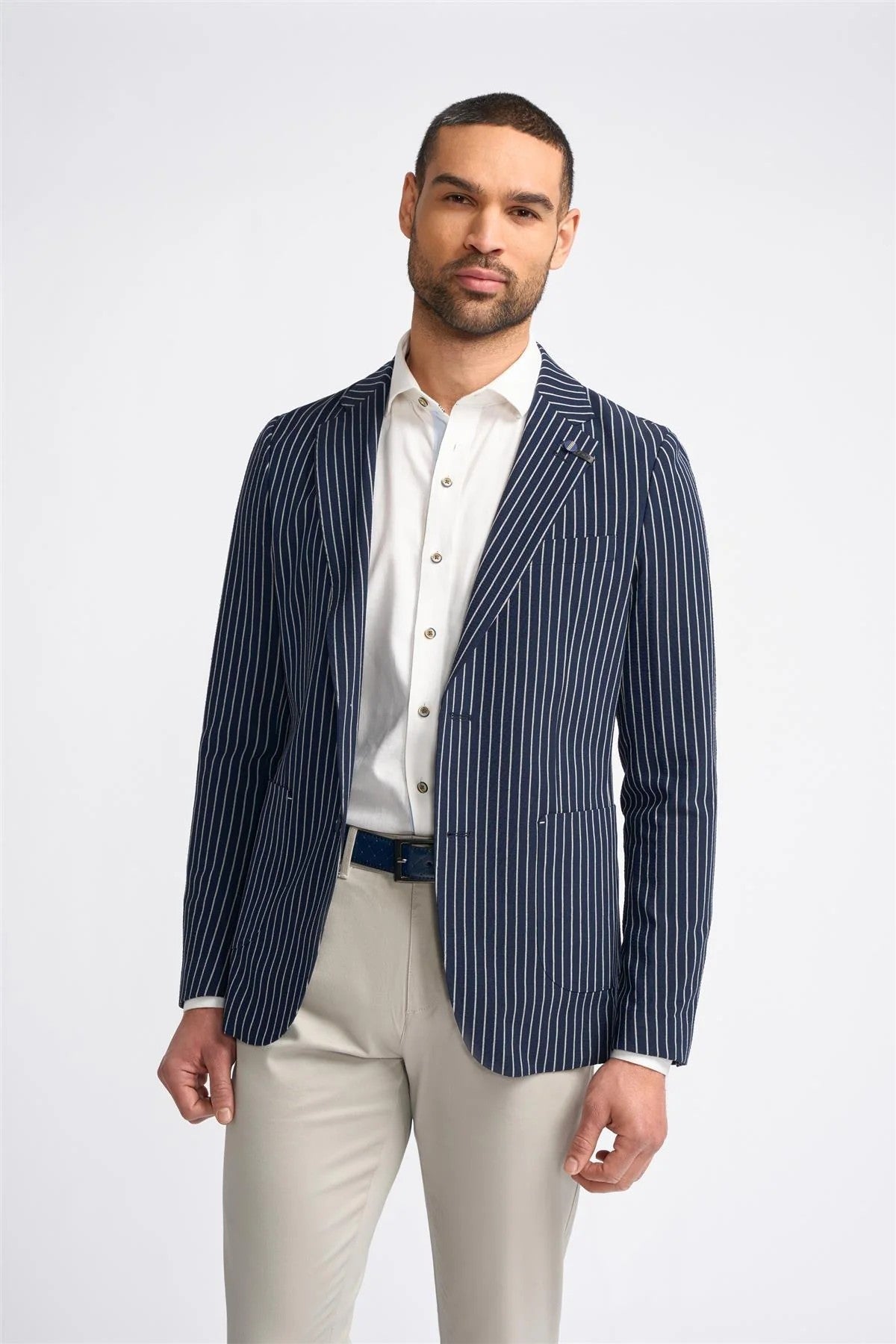 Men’s navy pinstripe slim fit blazer JULIAN smart casual look