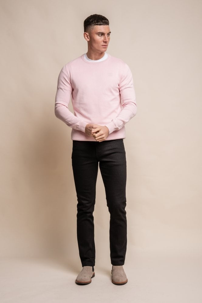 Mens Pink Cotton Slim Fit Crewneck Jumper