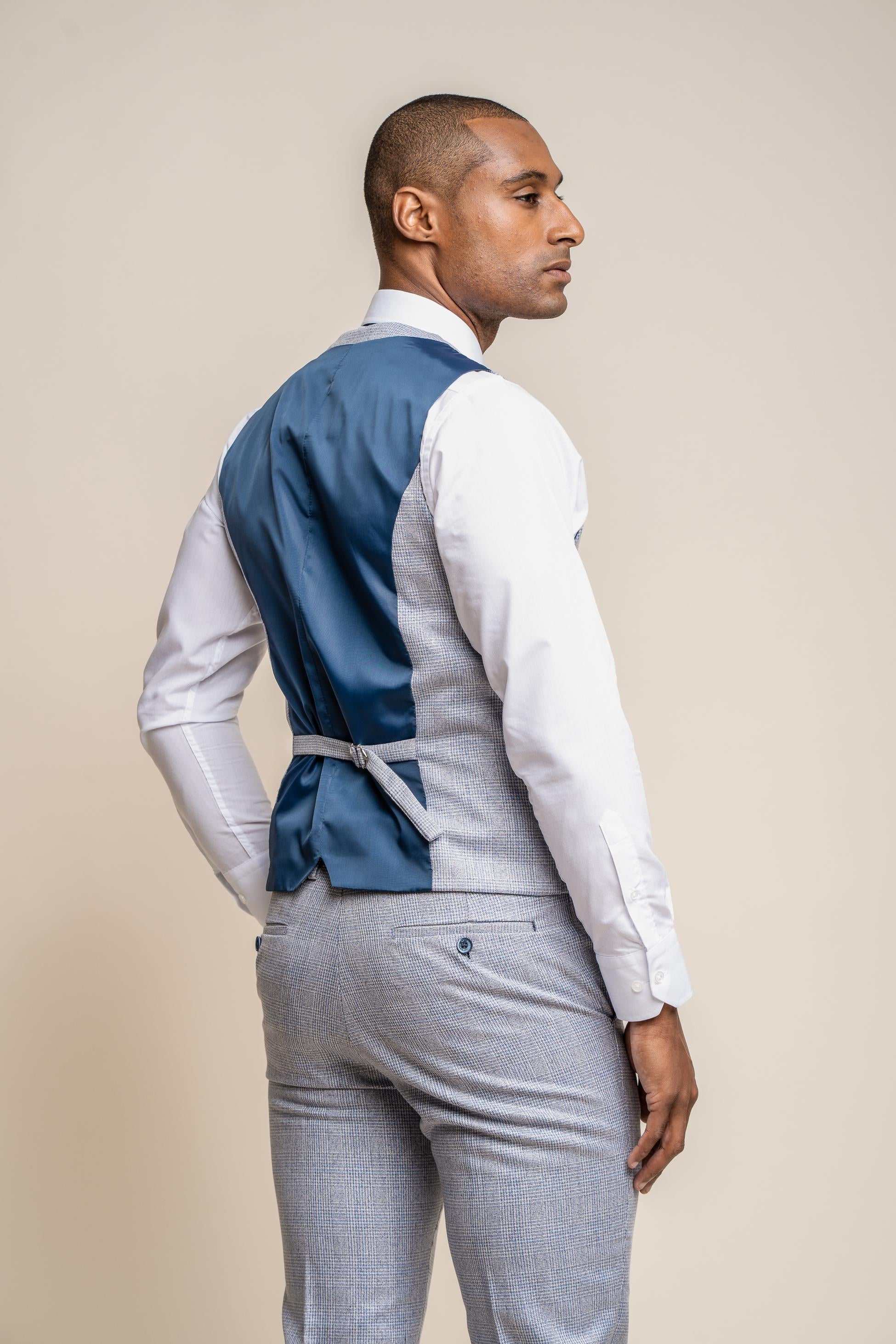 Mens Blue Tweed Glen Check Slim Fit Formal Waistcoat CARIDI