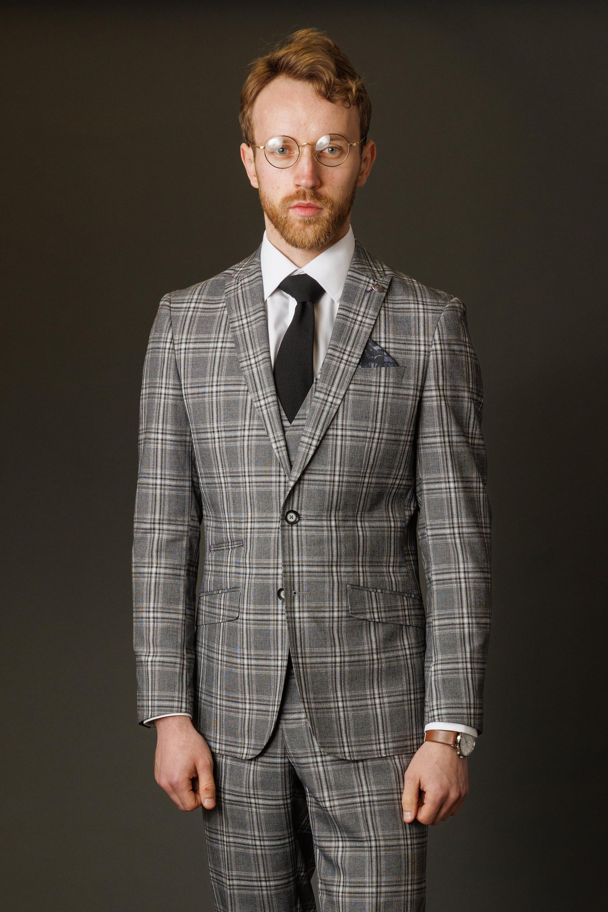 Men's Blake Steel Grey Windowpane Pattern Slim Fit Suit