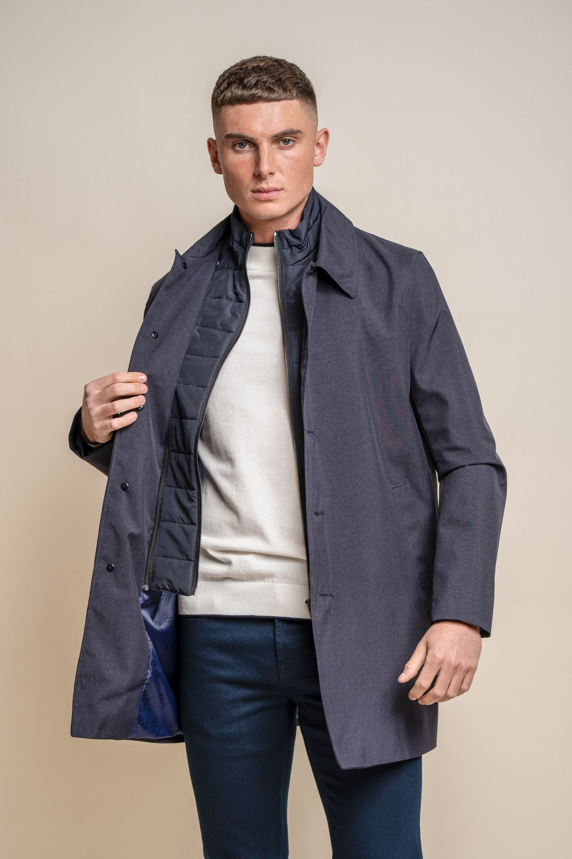 Men's navy blue midi-length Geke coat with removable zipper, BRANDO.