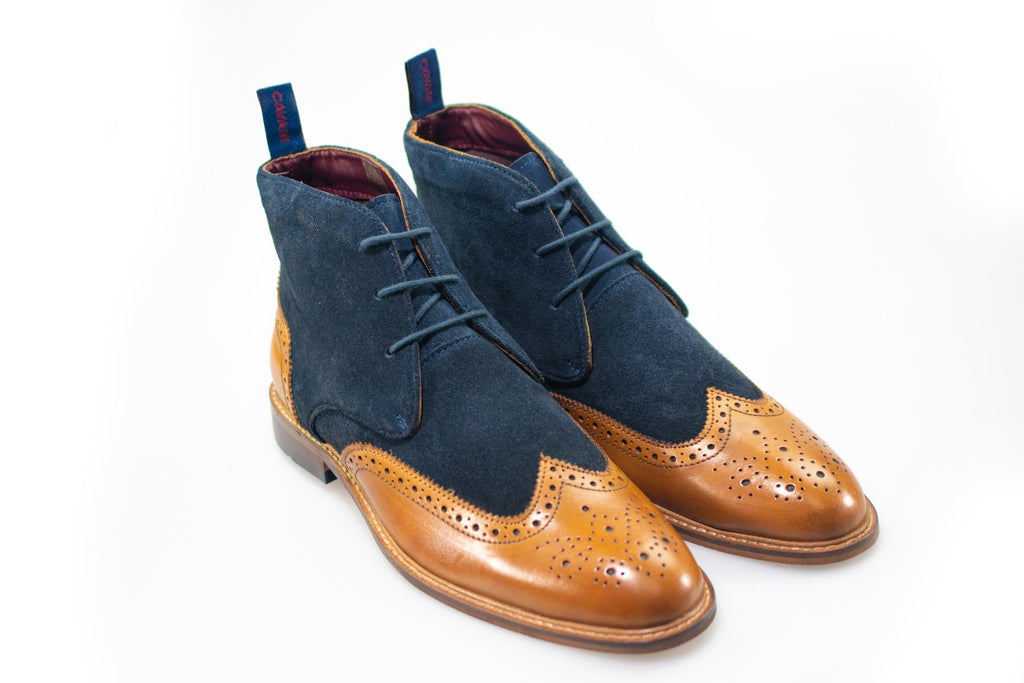 Men's navy and tan suede and leather brogue boots, CONNICK.