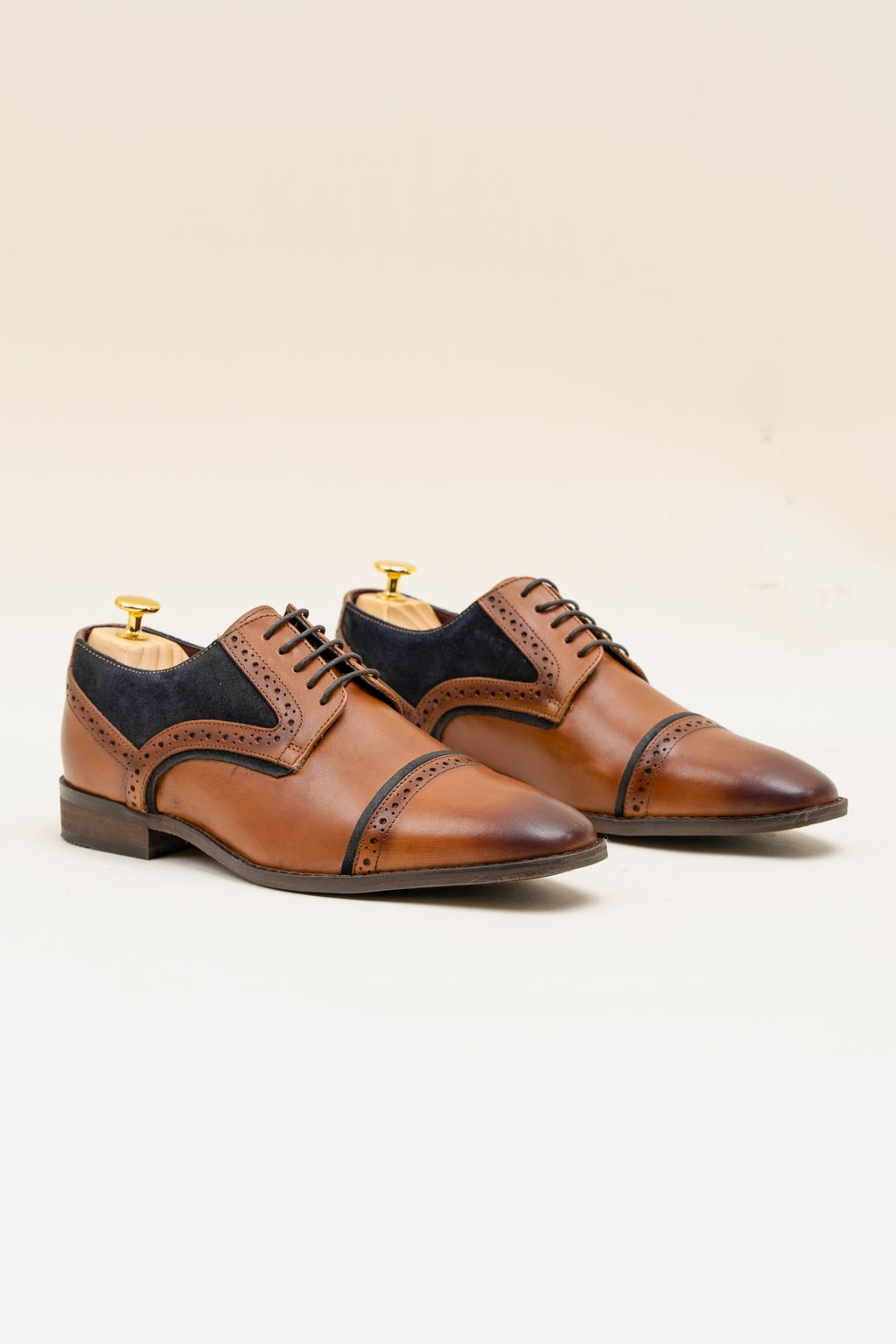 Men's tan-brown-navy genuine leather and tweed brogue shoes, FARO.