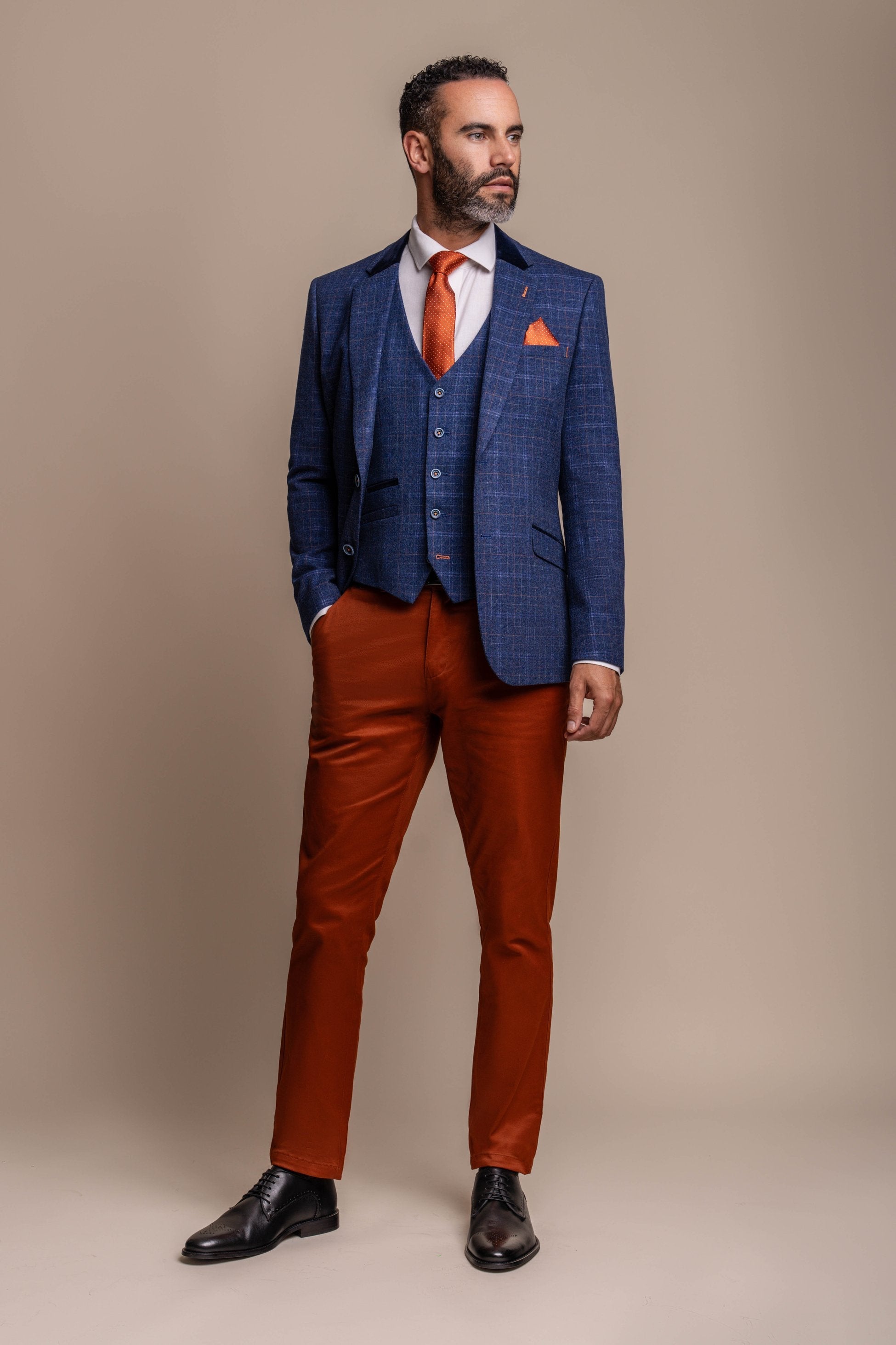 Men's Navy Blue Tweed Check Blazer with Rust Brown Chino Combination