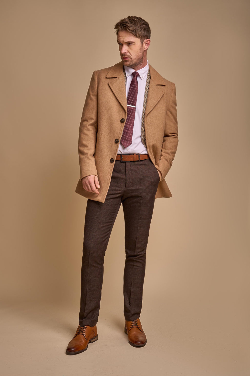 Men's camel brown slim-fit wool-blend coat, MARCUS.