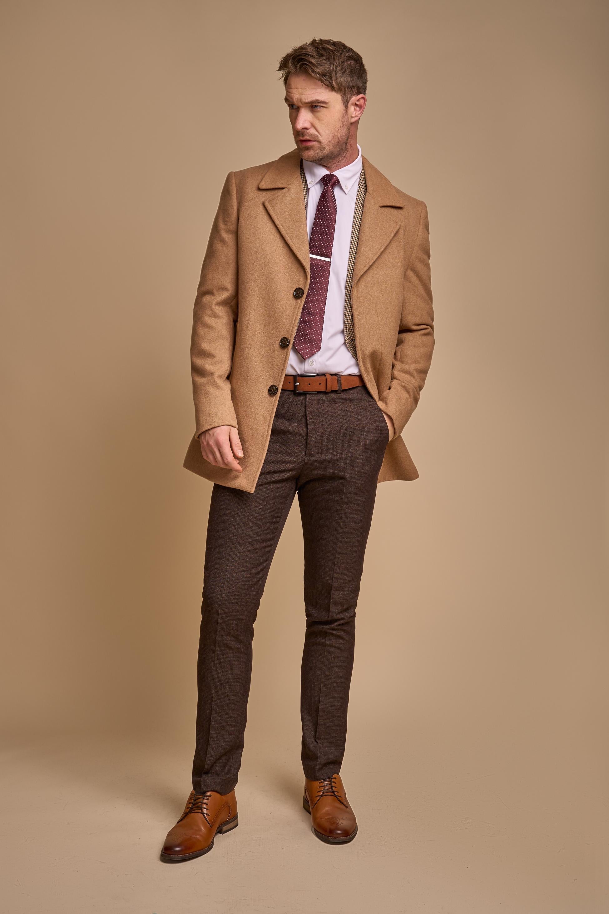 Men's camel brown slim-fit wool-blend coat, MARCUS.