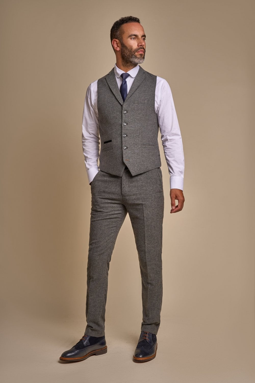 Mens Grey Herringbone Tweed Slim Fit Waistcoat MARTEZ