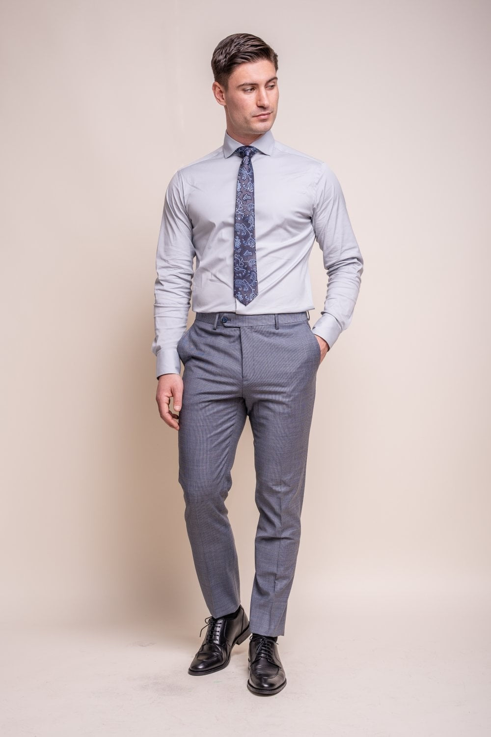Men's Wool Blend Slim Fit Trousers - BOND - Puppytooth Grey