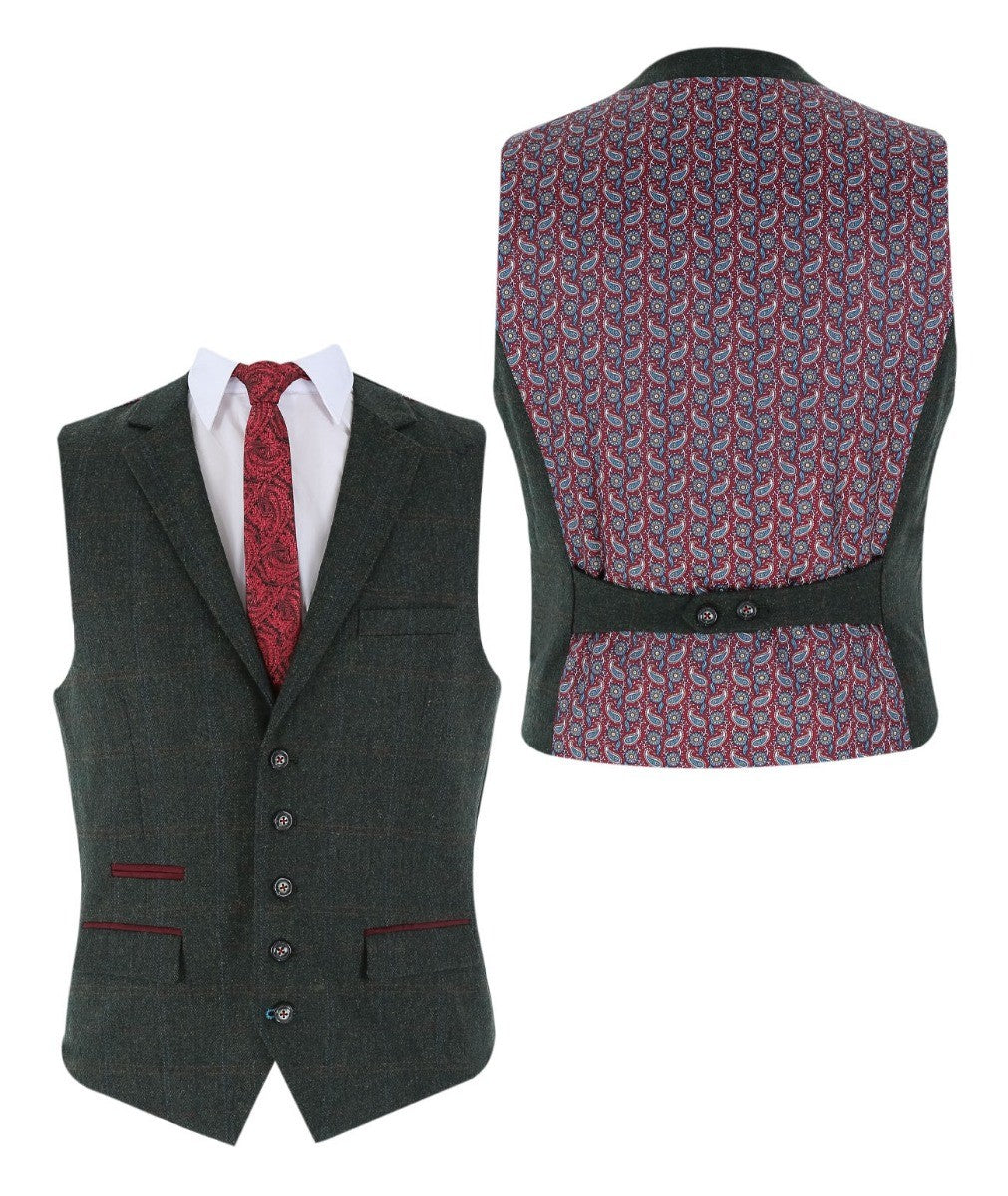 JOSHUA Men’s Tailored Fit Tweed Check Dark Green Suit